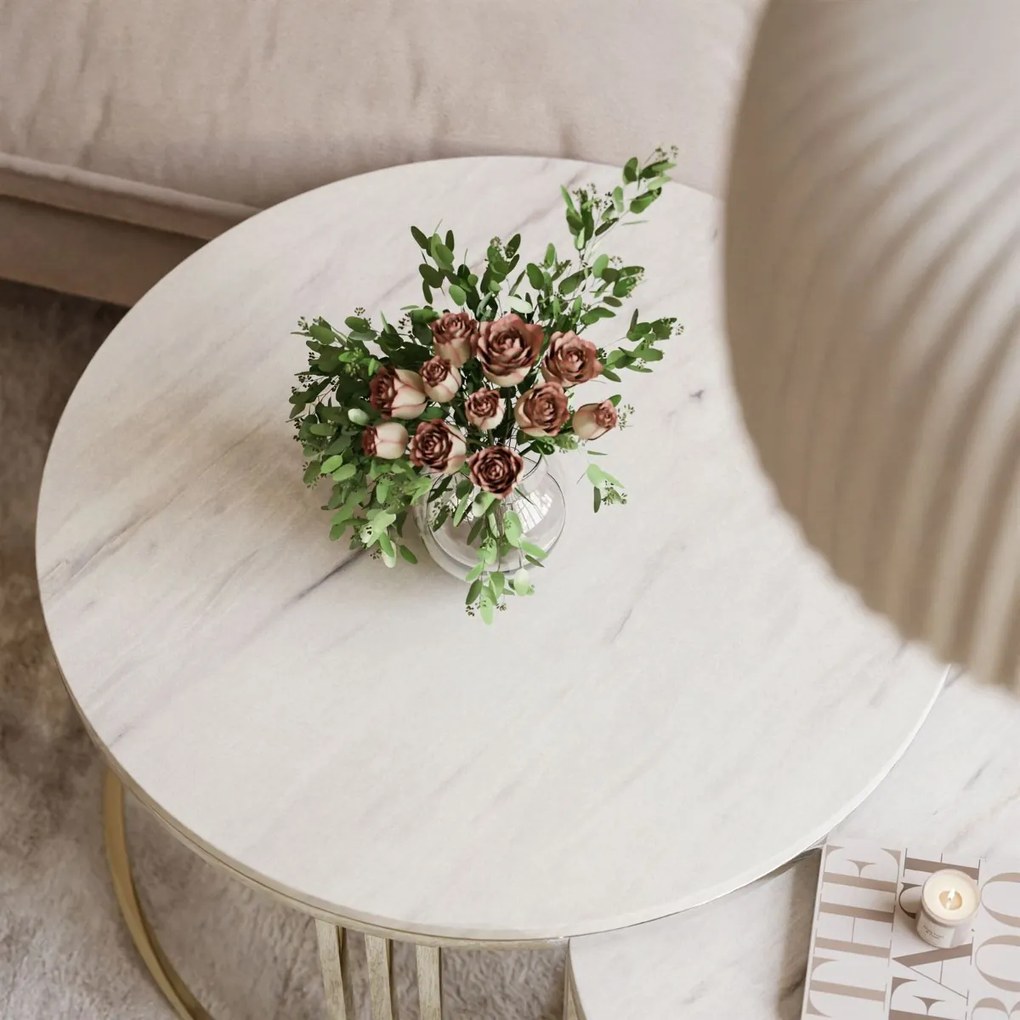 OKRÚHLY KONFERENČNÝ STOLÍK 2v1 LEONARDO 2 GLOSS CHROME BIELY MRAMOR + ZLATÝ