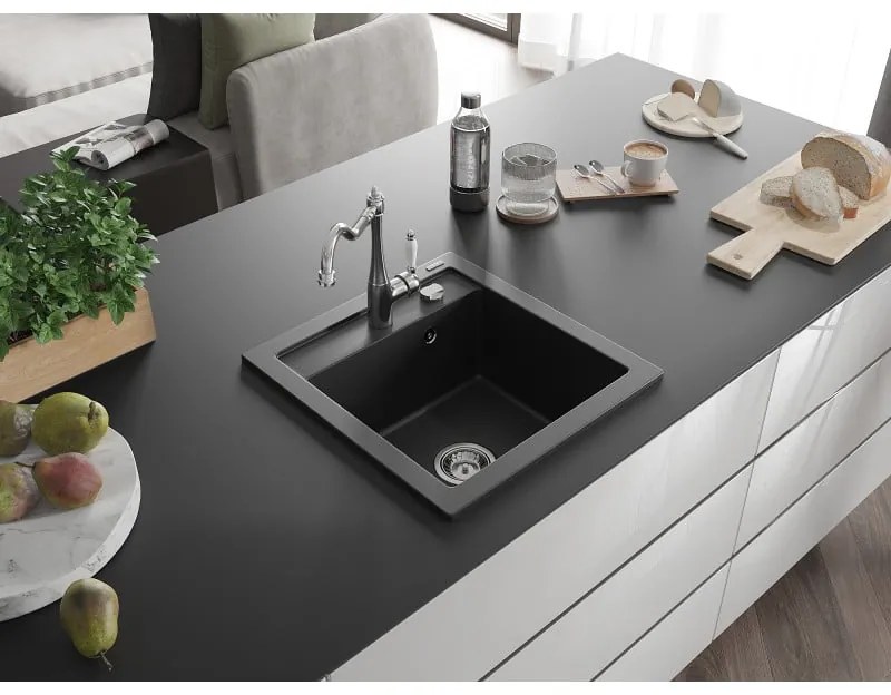 Mexen Vito, granitový drez 490x520x210 mm, 1-komorový a drezová batéria Carla, čierna, 6503-77-670700-00