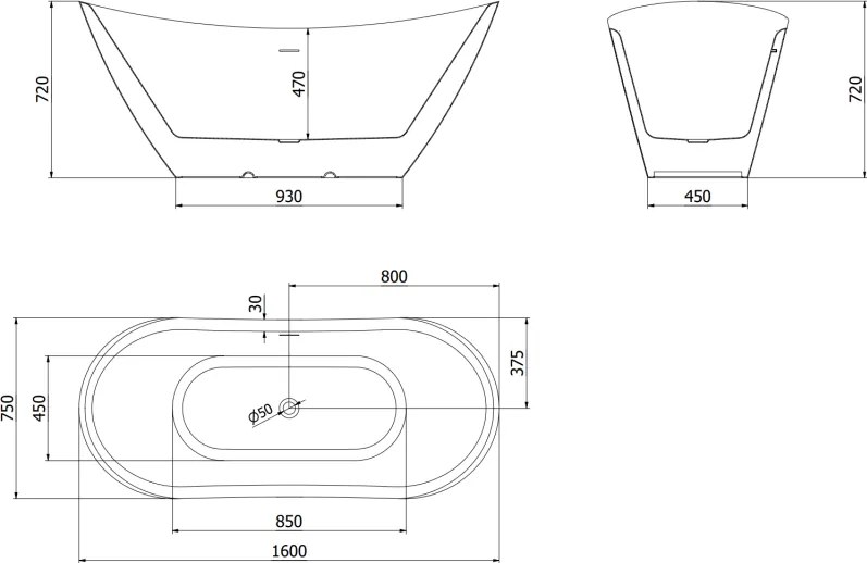 Mexen Lotos, voľne stojaca vaňa 160 x 75 cm, biela/čierna, prepad brúsený grafit, 52051607775-66