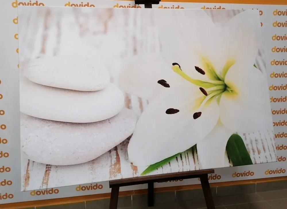 Obraz ľalia a masážne kamene v bielom prevedení - 90x60