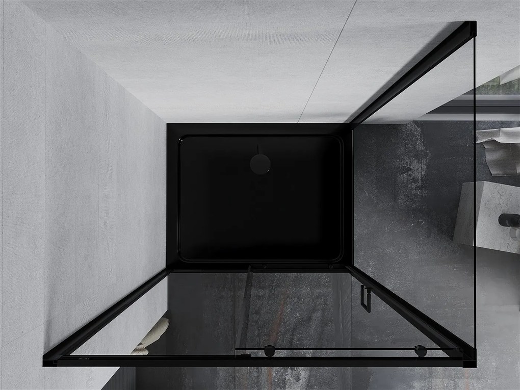 Mexen Apia sprchovací kút s posuvnými dverami 100 (dvere) x 80 (stena) cm, 5mm číre sklo, čierny profil + čierna sprchová vanička s čiernym sifónom, 840-100-080-70-00-4070B