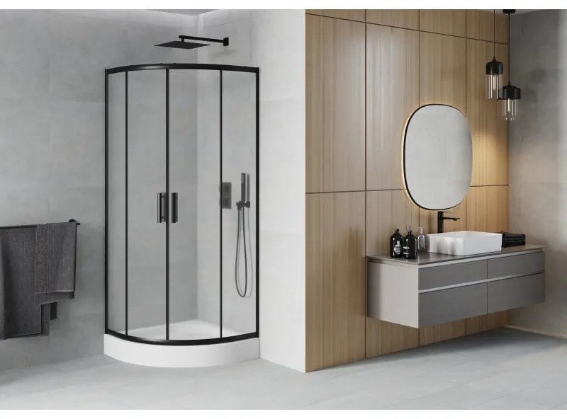 Mexen Rio, štvrťkruhový sprchovací kút s posuvnými dverami 80(dvere) x 80(dvere) x 190 cm, 6mm sklo námraza, čierny profil + biela sprchová vanička RIO, 863-080-080-70-30-4710