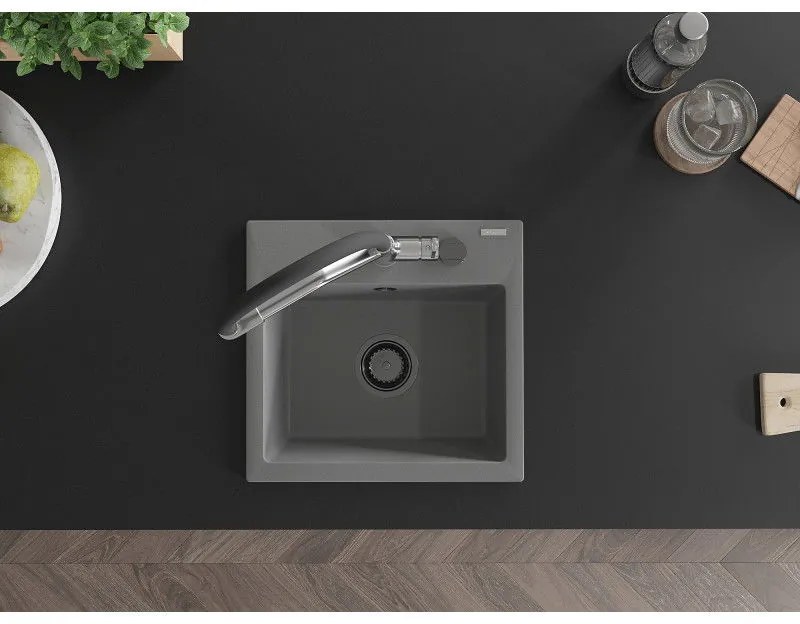 Mexen Milo, granitový drez 435x410x171 mm, 1-komorový a drezová batéria Duo, šedá, 6505-71-671701-07-B