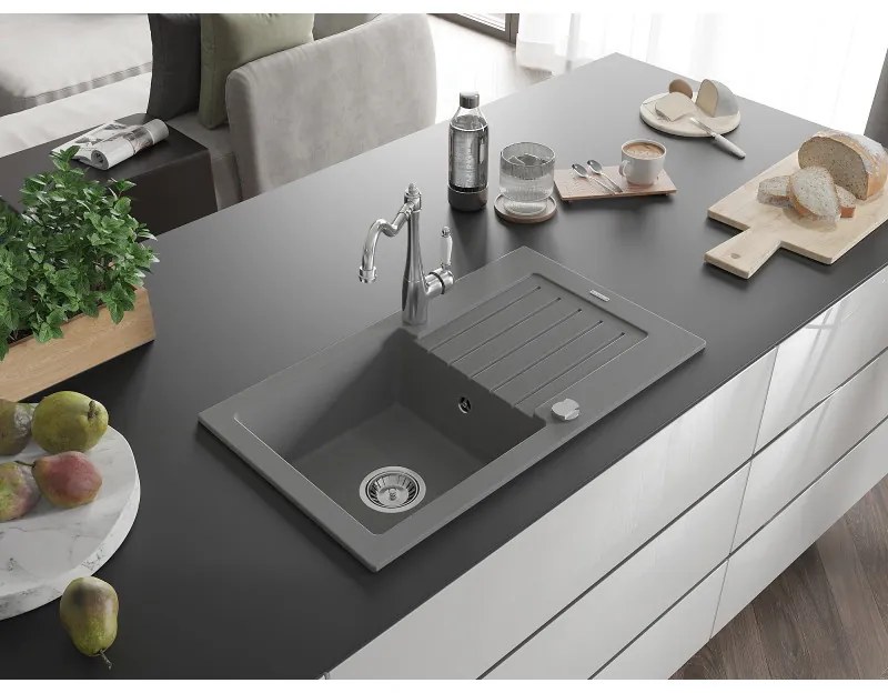 Mexen Pablo, granitový drez 752x436x161 mm, 1-komorový a drezová batéria Carla, šedá, 6510-71-670700-00