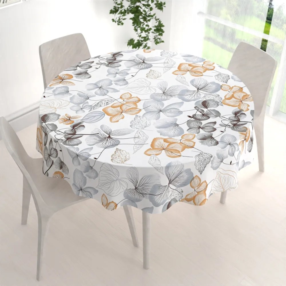 Biante Bavlnený okrúhly obrus Sandra SA-367 Sivo-oranžové kvety na bielom Ø 110 cm