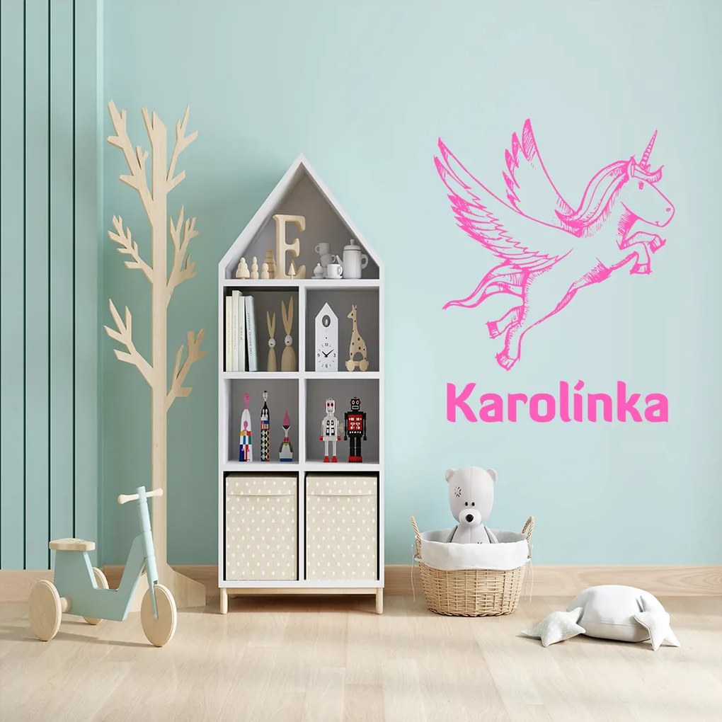 Veselá Stena Samolepka Jednorožec s menom Farba: růžová, Veľkosť: 60 x 47 cm