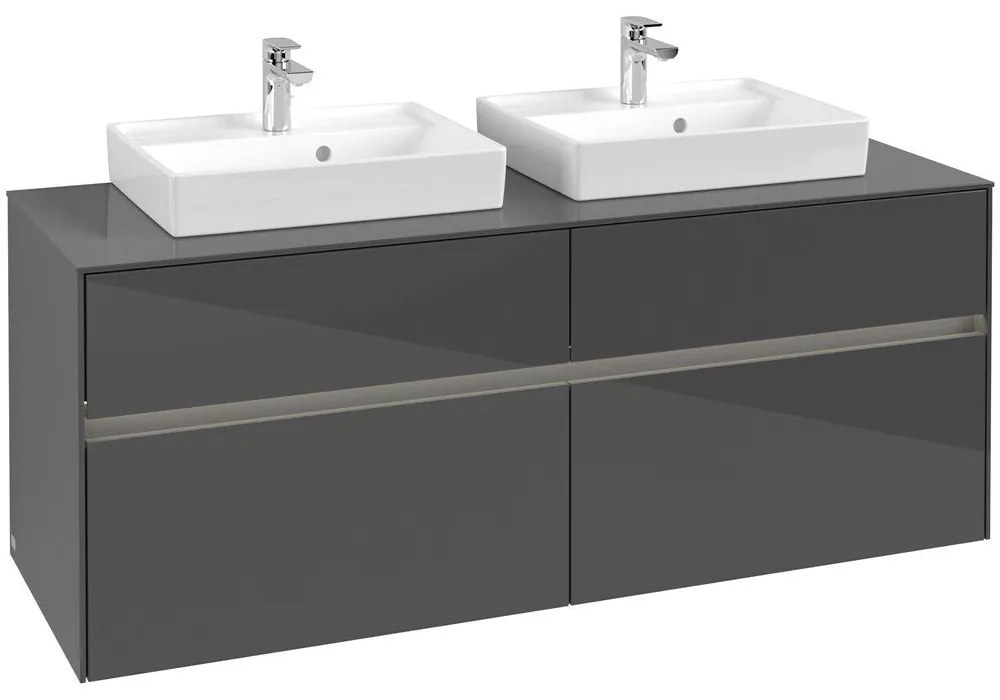 VILLEROY &amp; BOCH Collaro závesná skrinka pod dve umývadlá na dosku, 4 zásuvky, s LED osvetlením, 1400 x 500 x 548 mm, Glossy Grey, C076B0FP