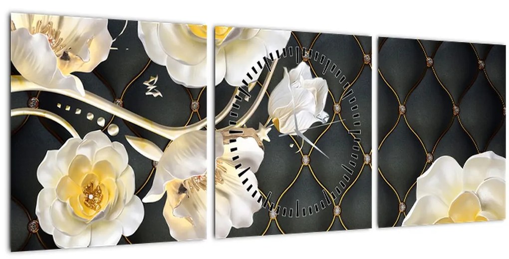Obraz bielych kvetov ruží (s hodinami) (90x30 cm)