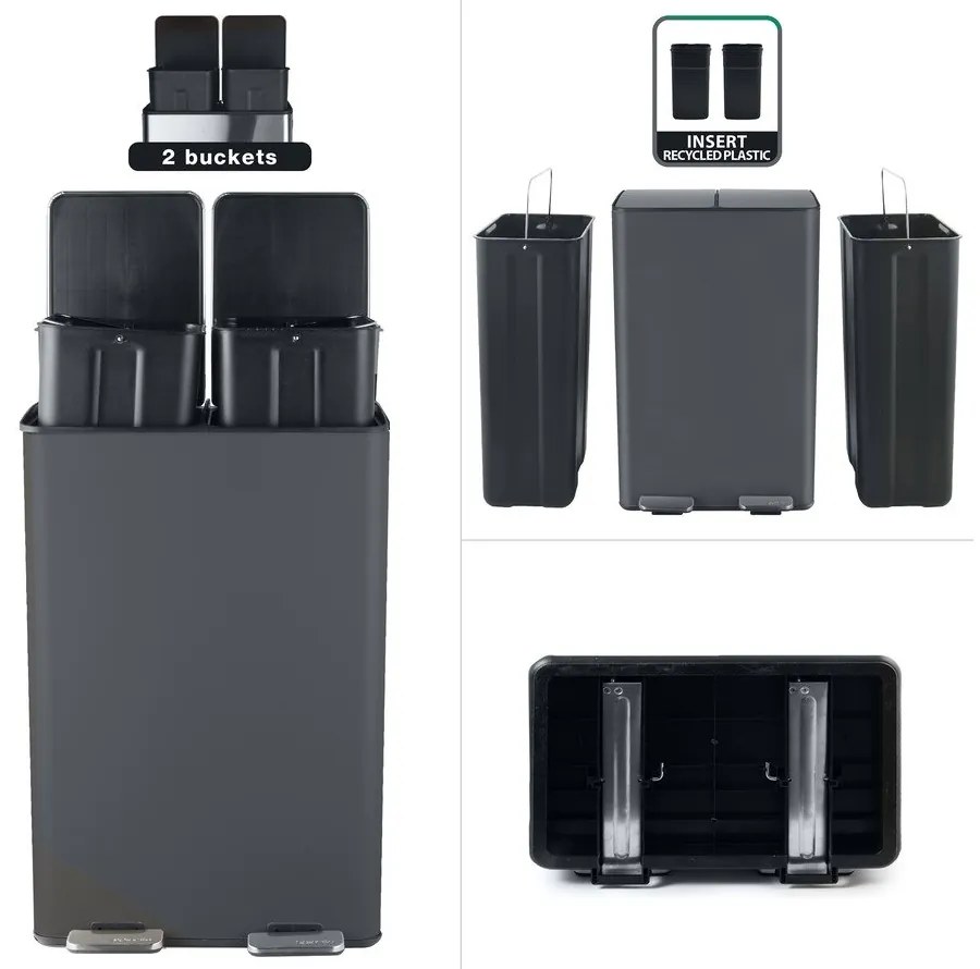 Tmavosivý oceľový odpadkový kôš 2x30 l na triedený odpad/nášľapný Aliya – Spirella