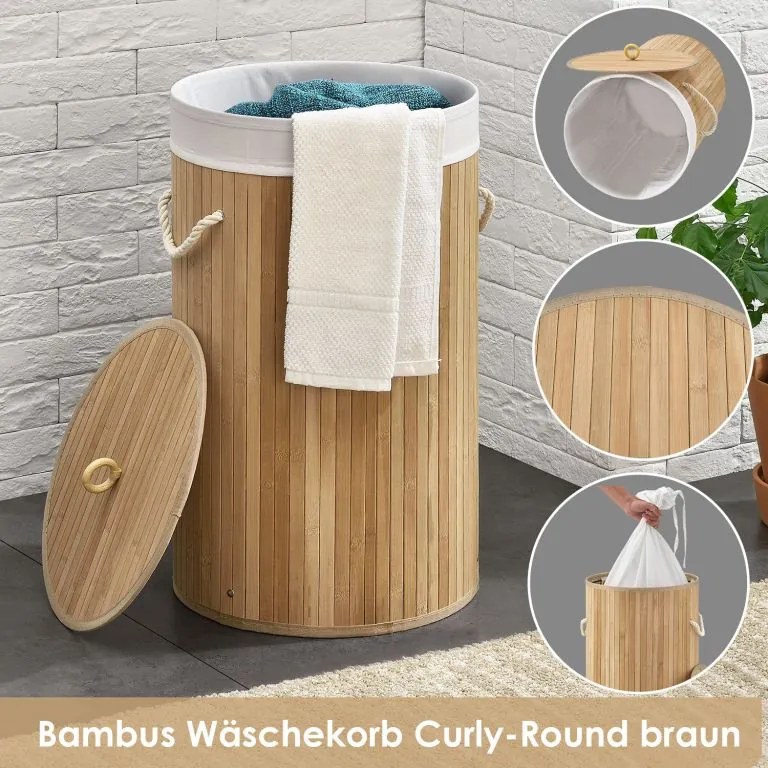 Bambusový kôš na bielizeň okrúhly 55 l s vekom a vakom