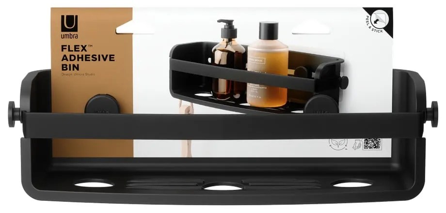 Čierna plastová kúpeľňová polička bez vŕtania Flex Adhesive – Umbra