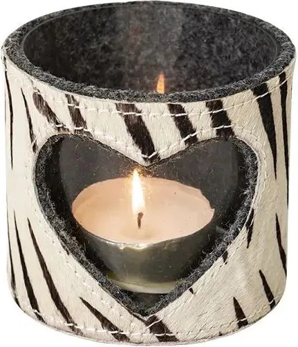 Svietnik so srdcom zdobený kožou so vzorom Zebra - 11,5*11,5*10,5cm