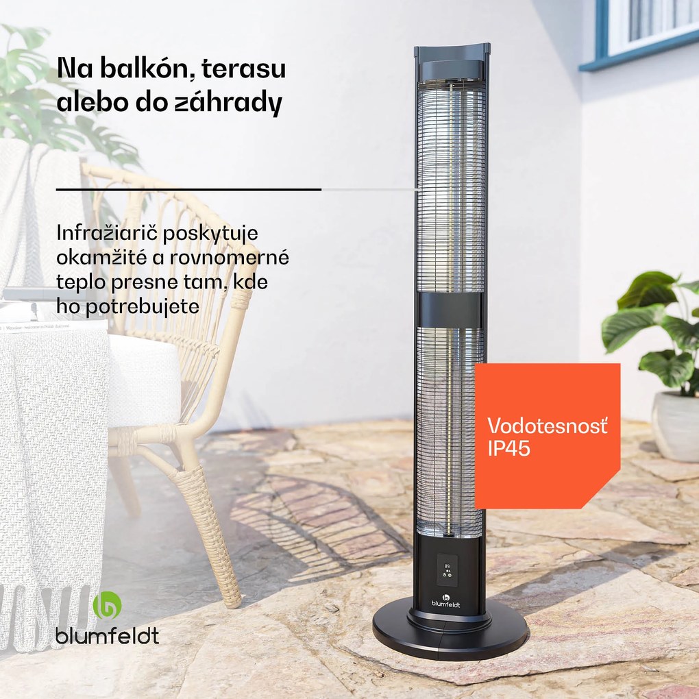Blumfeldt BlazeTower nfračervený ohrievač, 3000 W, pre vonkajší priestor, 3 úrovne, IP45, diaľkové ovládanie, časovač