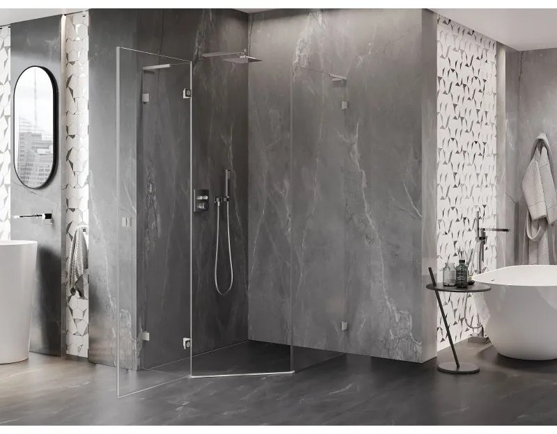 Mexen Lunar, L päťuholníkový sprchový kút naklápací doľava 80 x 90 cm, 8mm číre sklo, oceľový profil, 831L-080L-090P-97-00-L