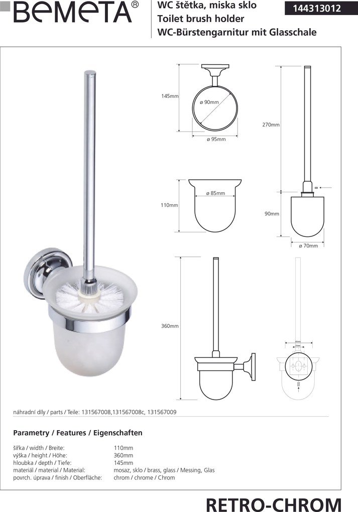 Bemeta Design RETRO chróm: WC kefa, na zavesenie, sklo - 144313012