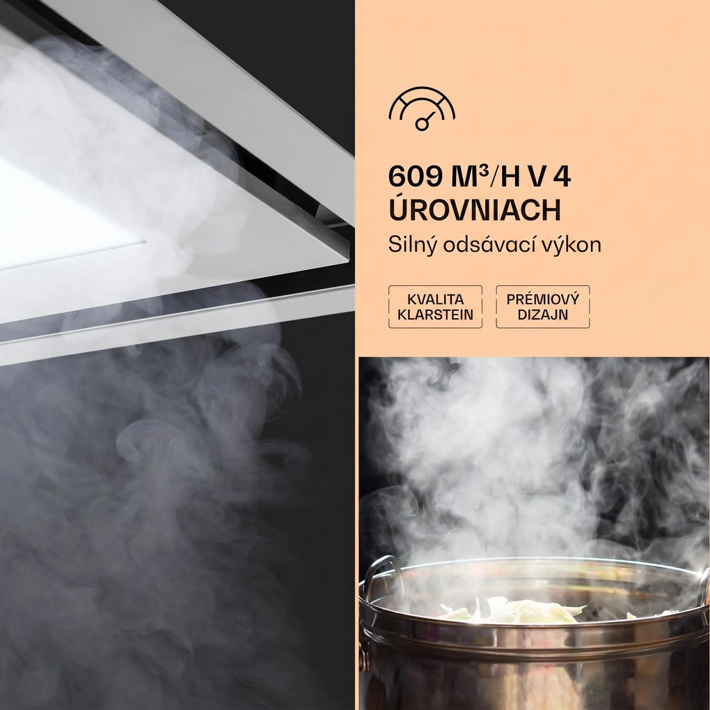 Klarstein Remy Brilliant Edition ostrovná digestor 90 cm 586 m³/h EEK A LED sklo