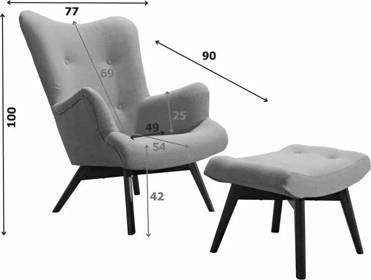 Kreslo Grande s podnožkou, sv. sivá / orech (loco 30)