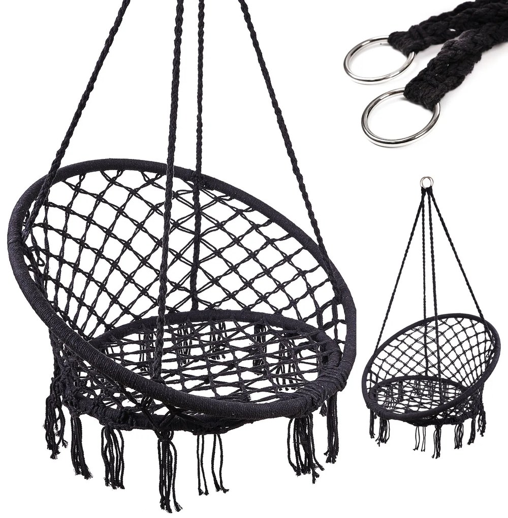 KIK KX7630 Závesné kreslo so strapcami - čierne