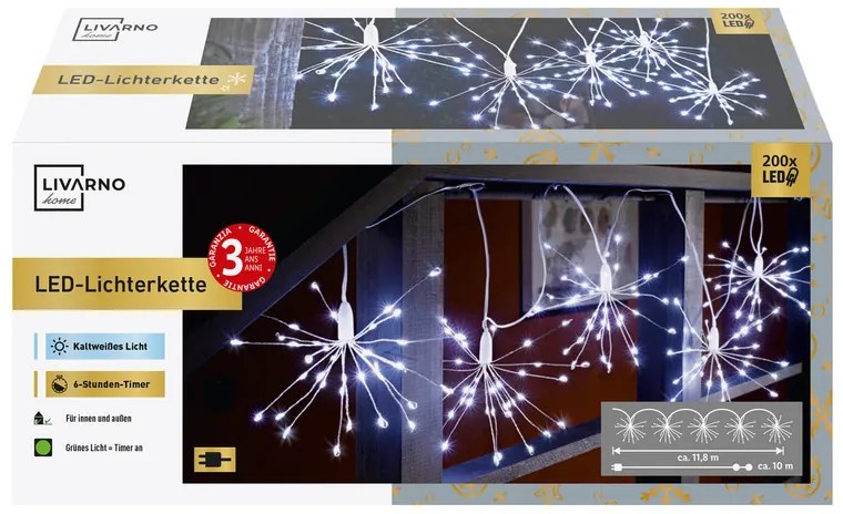 LIVARNO home Svetelná reťaz, 200 LED (5x púpava, studená biela) (100367144)