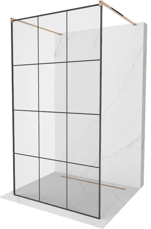 Mexen Kioto, priechodná sprchová zástena 110 x 200 cm, 8mm číre sklo - čierny vzor, 2x zlatá stabilizačná rozpera, profil ružové zlato, 800-110-002-60-77