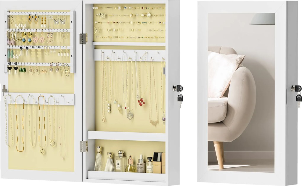 HOMCOM Zrkadlo na stenu s nástenným šperkovníkom, Zrkadlový šperkovník s uzamknutím, Celoplošné zrkadlo z MDF pre spálňu a obývačku, 36,5x9,5x67 cm, B