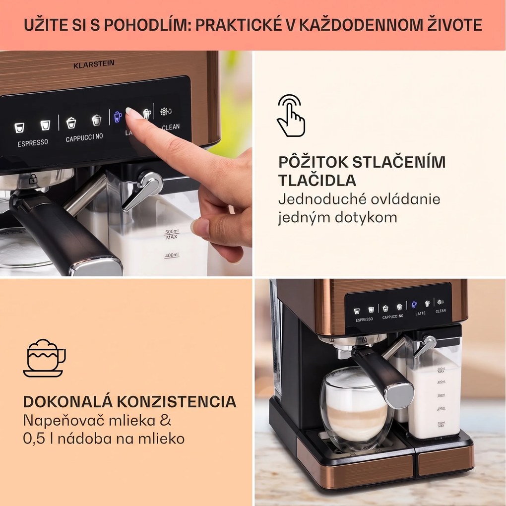 Klarstein Arabica Comfort  kávovar s portafiltrom, 1350 W, 20 bar, 1,8 l, dotykový ovládací panel