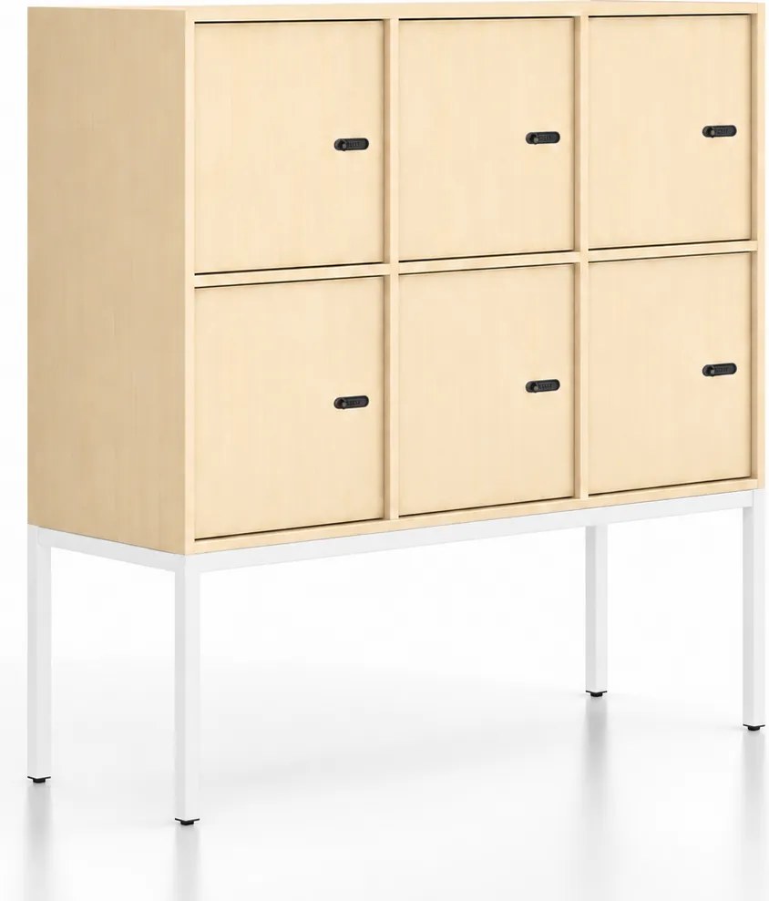 Kancelárska skriňa FRAME, nízka, biela podnož, 6x dvere, 1299 x 450 x 1331 mm, mechanický kódový zámok, breza