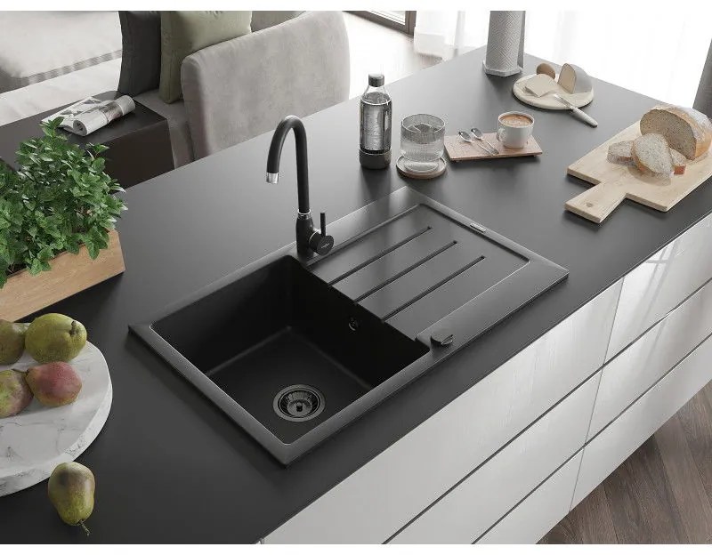 Mexen Bruno, 1-komorový granitový drez s odkvapkávačom 795x495x200 mm a čierna kuchynská batéria Telma, čierna, 6513-77-670200-70-B