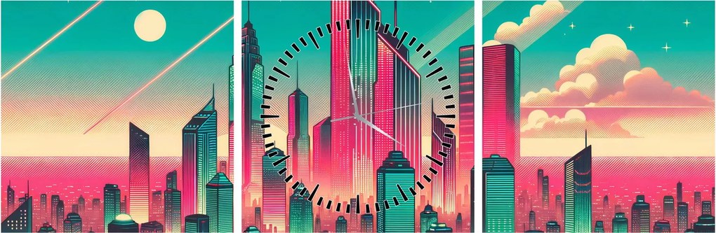 Obraz – Veľkomesto v pop-art štýle (s hodinami) (90x30 cm)