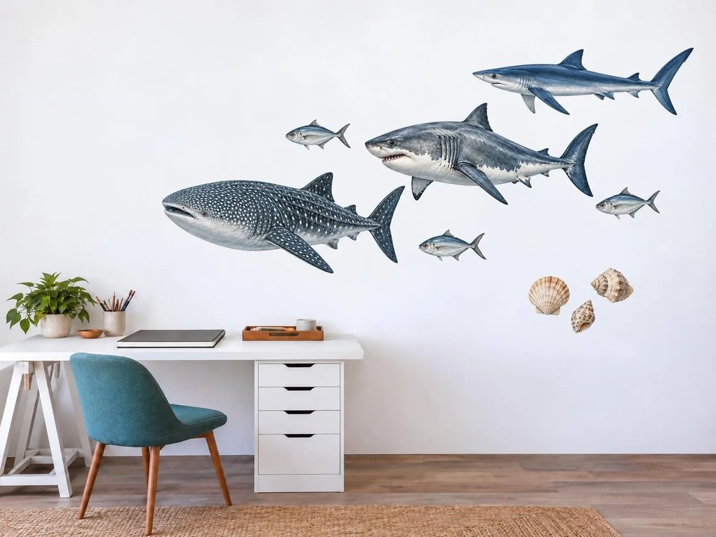 Žraloci v oceáne realistické textilné nálepky na stenu do obývacej izby arch 35 x 46 cm