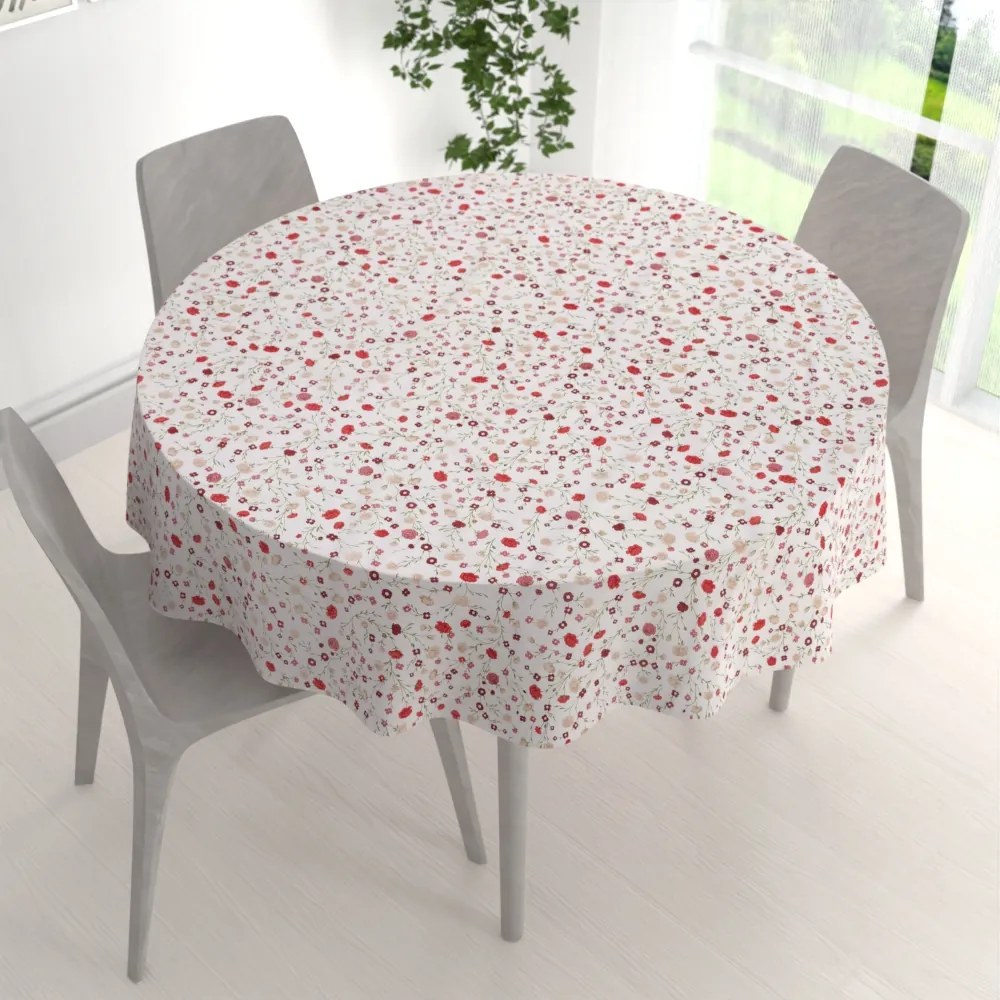 Biante Bavlnený okrúhly obrus Sandra SA-719 Červeno-béžové drobné kvietky na bielom Ø 140 cm