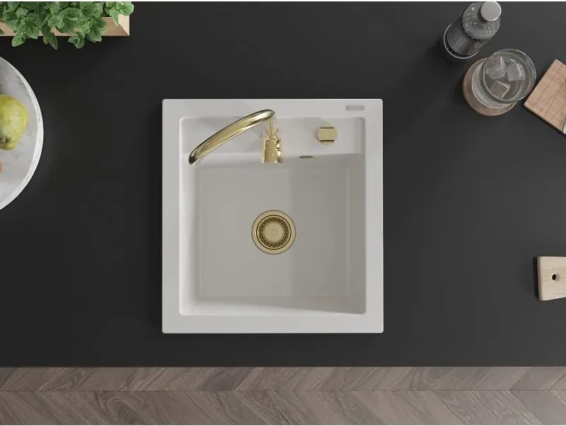 Mexen Vito granitový drez 1-komorový 520 x 490 mm, biely, zlatý sifón - 6503521000-20-G