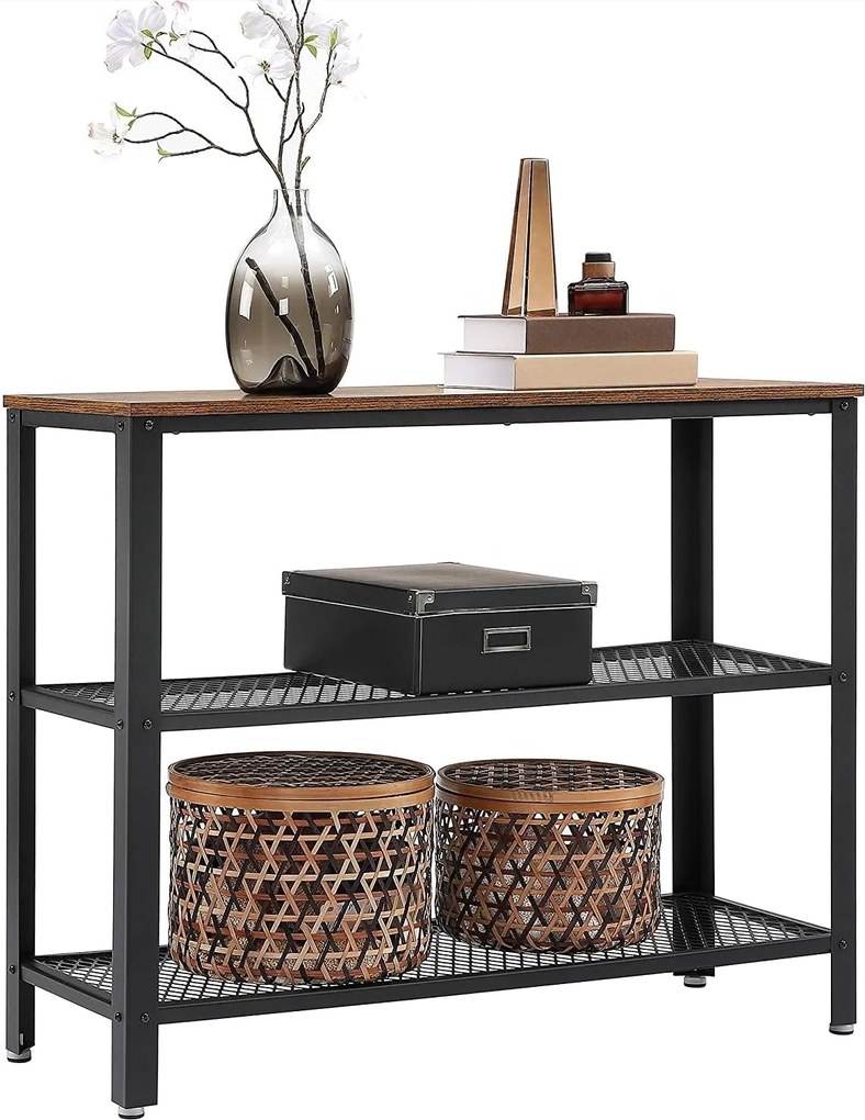 Konzolový stolík s 2 kovovými policami, rustikálny hnedý