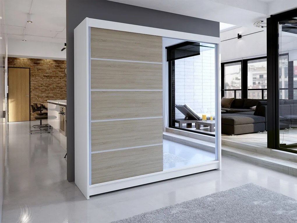 Šatníková skriňa Bastian III (biela + sonoma + zrkadlo) (osvetlenie led rgb farebné). Vlastná spoľahlivá doprava až k Vám domov. 1054210