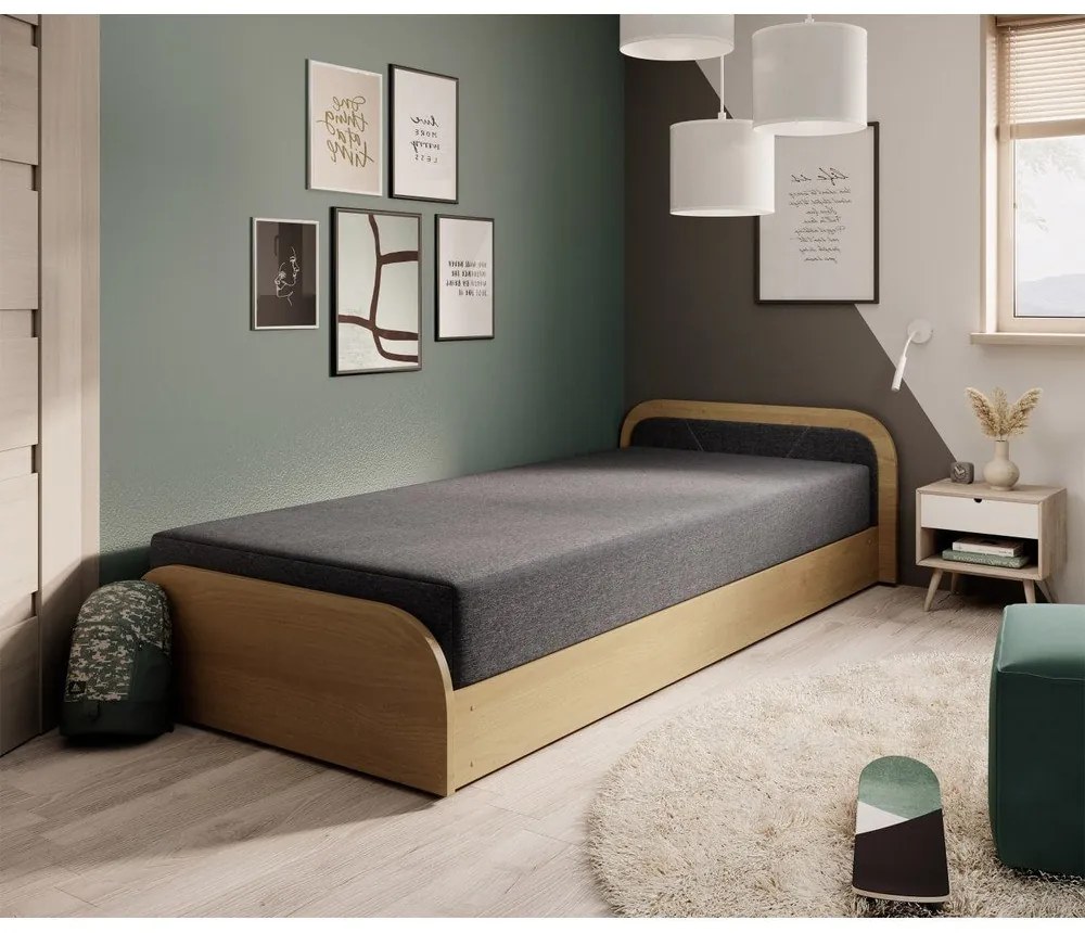 Okrovožltá/tmavosivá čalúnená/z drevotriesky jednolôžková posteľ s úložným priestorom s matracom 80x190 cm Parys – ELTAP