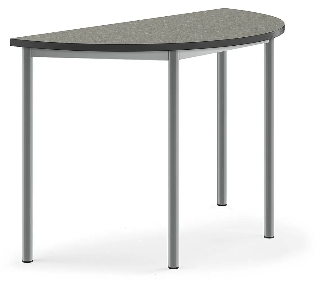 Stôl SONITUS, polkruh, 1200x600x760 mm, linoleum - tmavošedá, strieborná