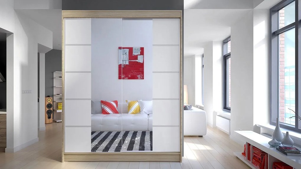 Posuvná skriňa Belgia V, Farby: čierna / biela + zrkadlo, Osvetlenie: osvetlenie LED RGB - farebné