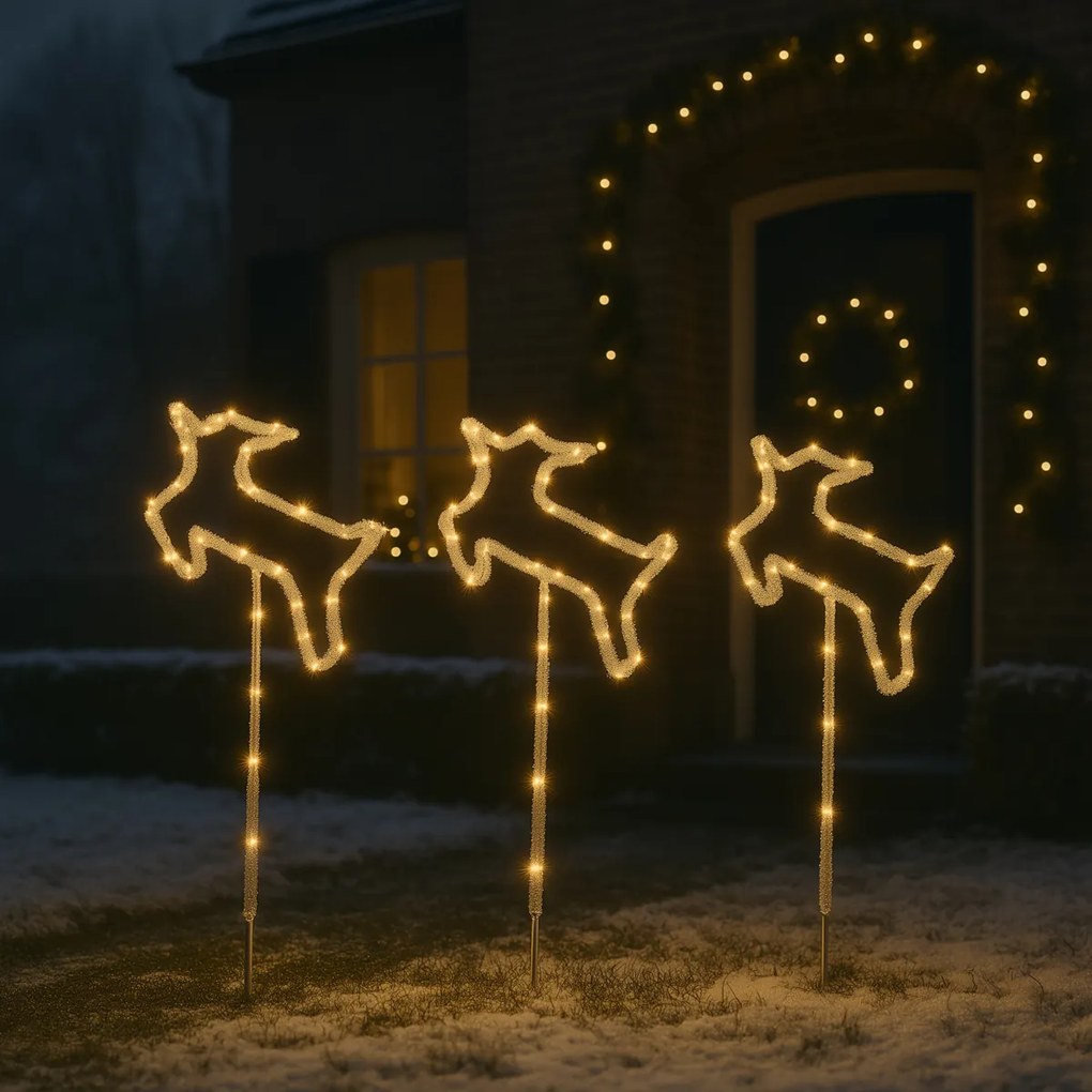 Sada 3 vianočných reflektorov biely jeleň vrátane LED s časovačom IP44 - Shika