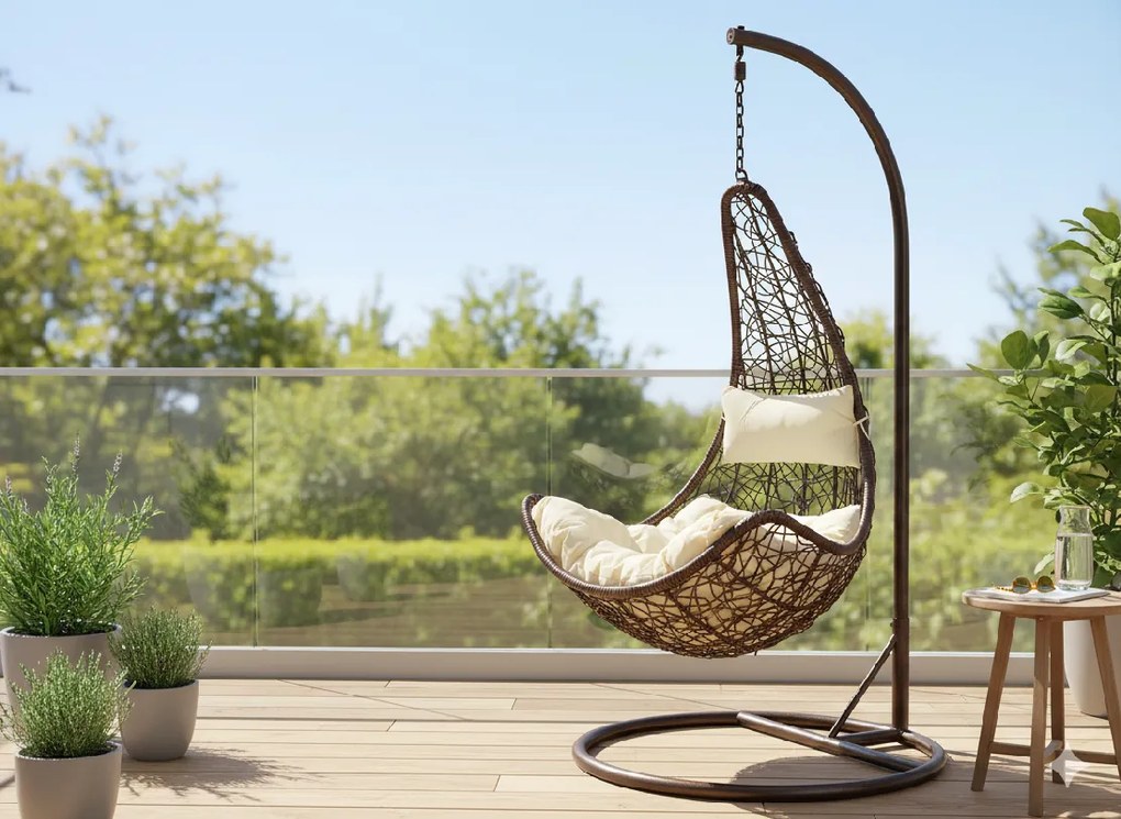 Garden Line ZÁVESNÁ STOLIČKA, TMAVO HNEDÁ, VANKÚŠ – KRÉMOVÁ, RÁM – TMAVO HNEDÁ, POLOVICA