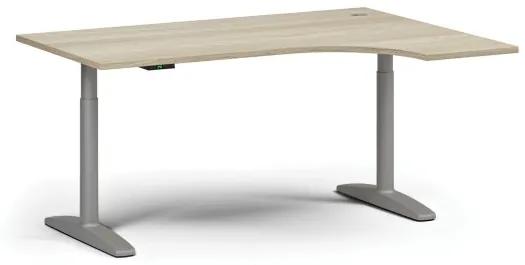 Výškovo nastaviteľný stôl OBOL, elektrický, 675-1325 mm, rohový pravý, doska 1600x1200 mm, sivá zaoblená podnož, dub prírodný