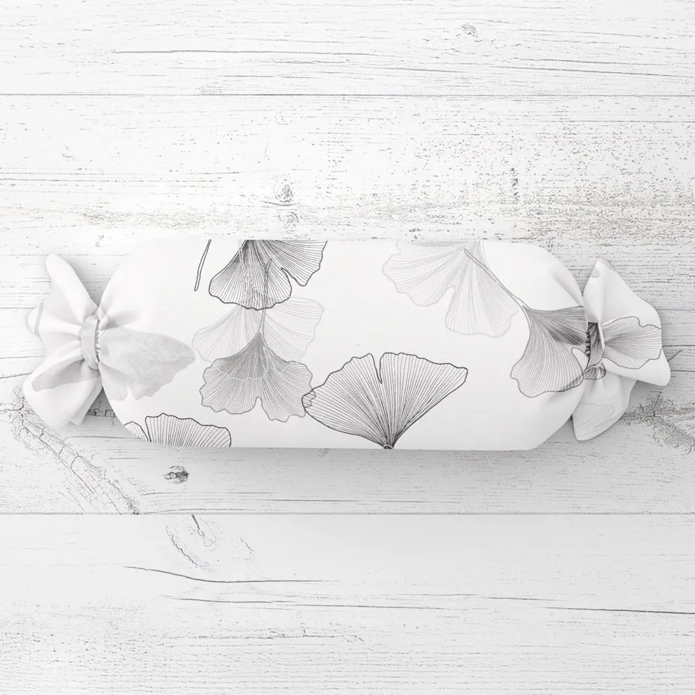 Biante Vankúš valec bonbon Sandra SA-512 Sivo-biele ginkgo listy na bielom 15x40 cm