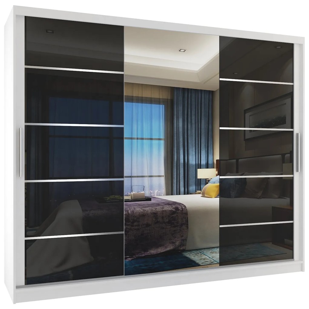 Šatníková skriňa 232 cm Belini biely mat / čierny lesk s posuvnými dverami zrkadlom a zásuvkami  MGB SZP8/0/W/2B1L/KLAL