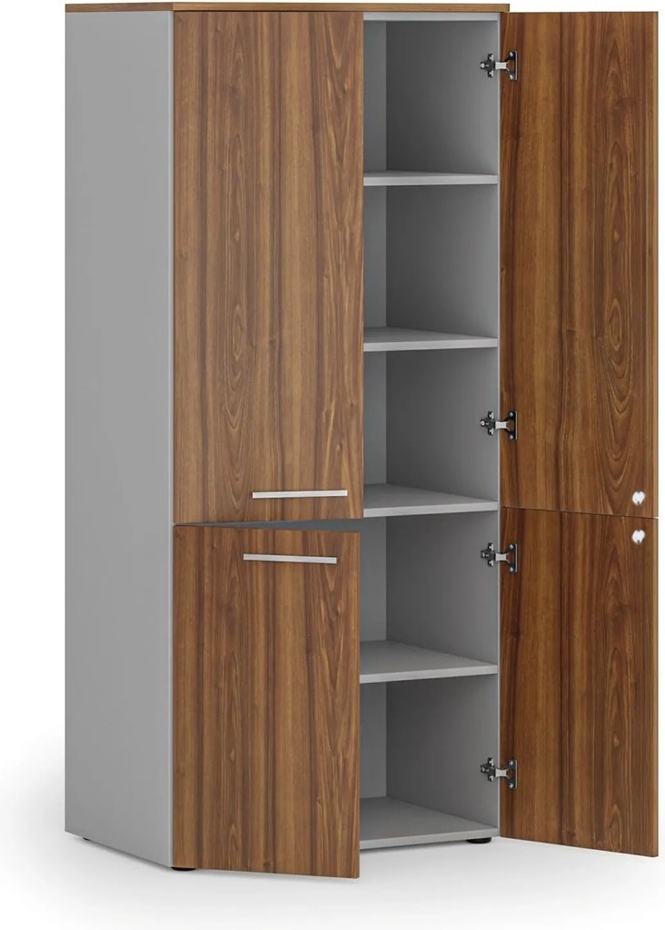 Kancelárska policová skriňa PRIMO GRAY, polené dvere, 800 x 500 x 1781 mm, sivá/orech