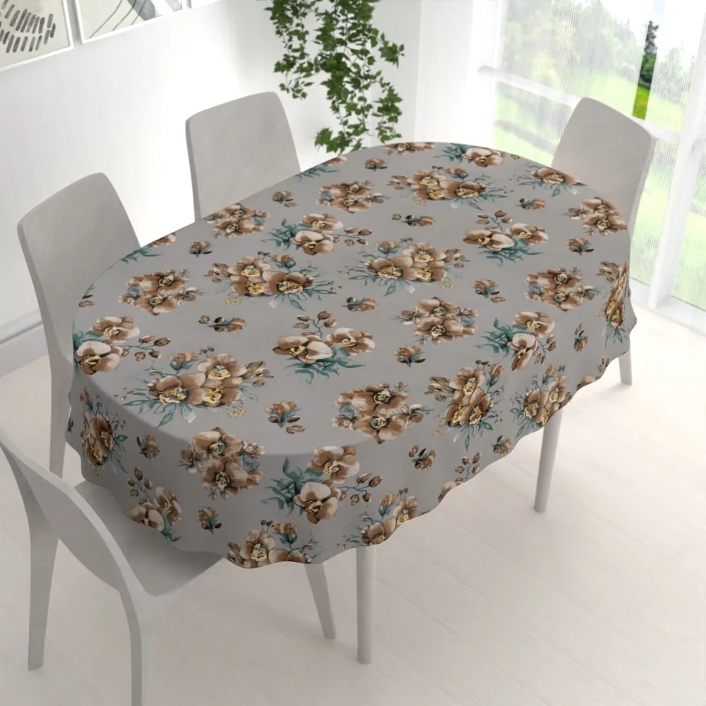 Biante Bavlnený oválny obrus Sandra SA-622 Hnedé orchidey na sivom 50x100 cm