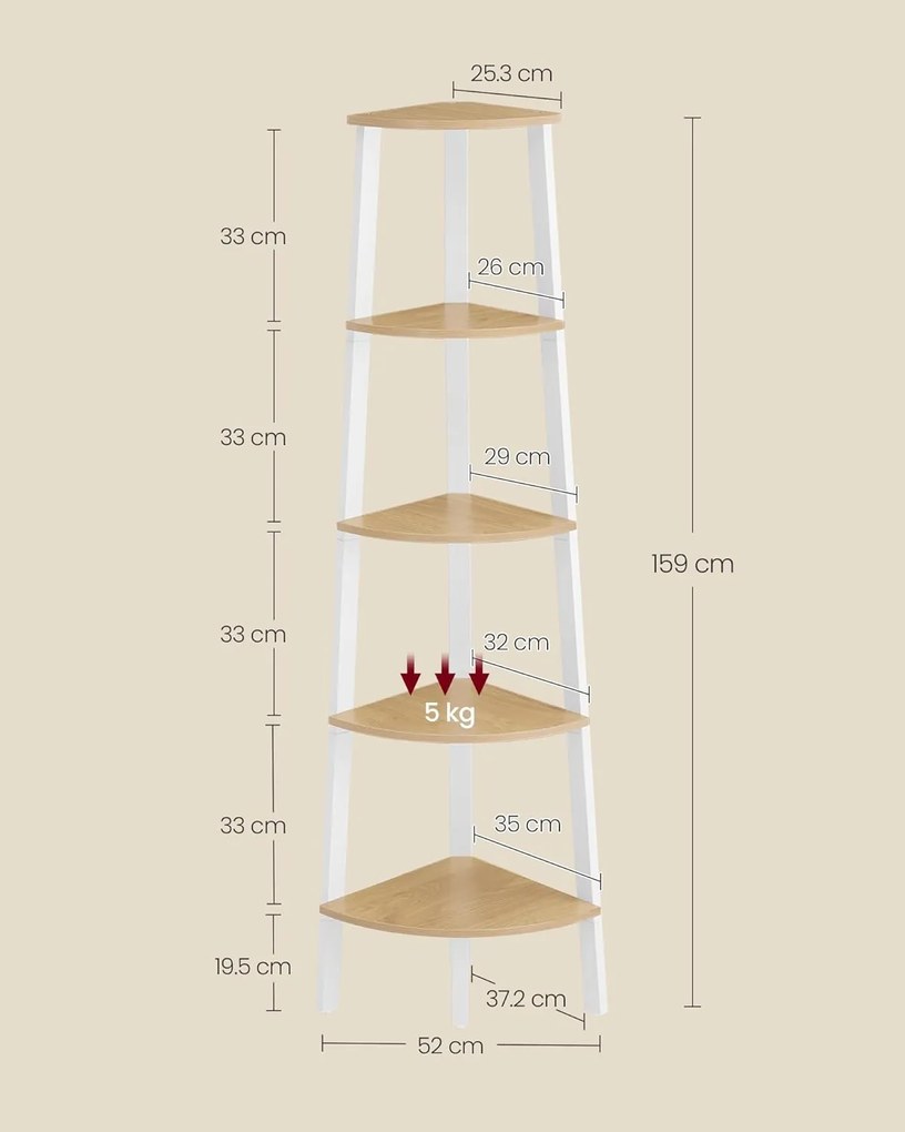Rohový regál Vasagle Solen 159 cm bílý/dub přírodní