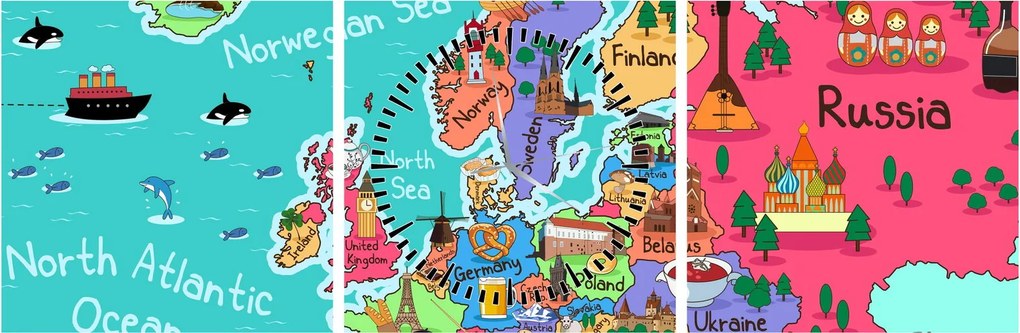 Obraz - Detská mapa Európy (s hodinami) (90x30 cm)