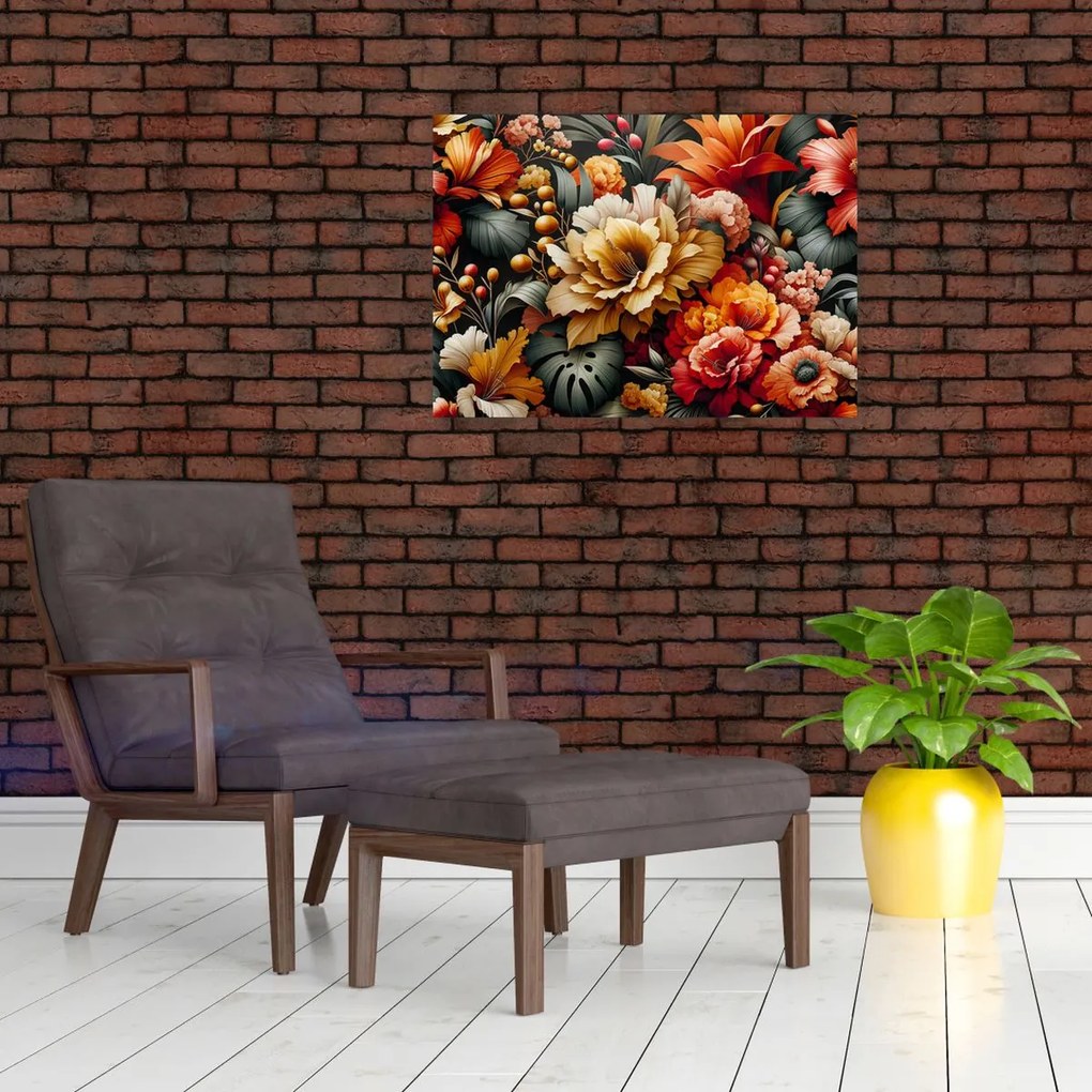 Sklenený obraz - Oranžovo-červené kvety (70x50 cm)