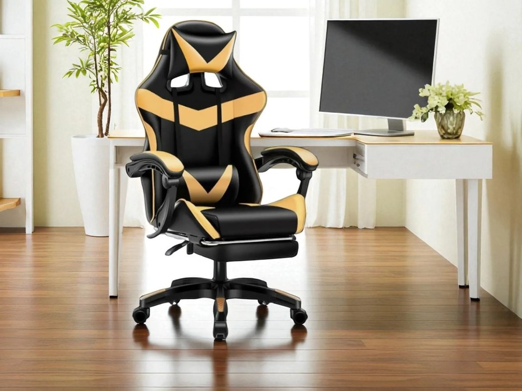 Kancelárska herná stolička s nastaviteľnou opierkou nôh - čierno - zlatá