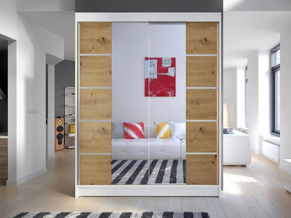 Posuvná skriňa Belgia V, Farby: biela / čierna + zrkadlo, Osvetlenie: osvetlenie LED RGB - farebné