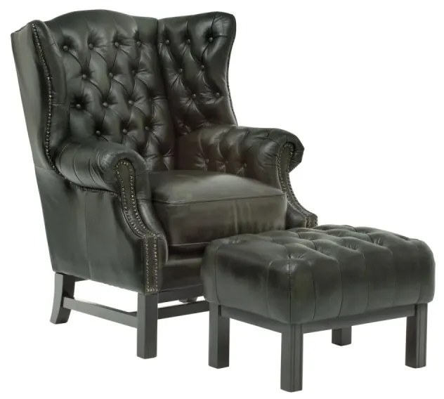 furniture-nabytek.cz - Masívne kreslo Chesterfield Kingsfield ušák z pravej kože, zelené – 89×79×104 cm